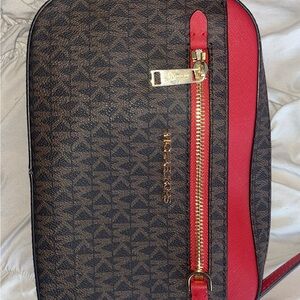 Michael Kors Brown and Red Belt Bag with Monogram Pattern
